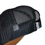 Black mesh trucker cap with curved brim and partial interior label
