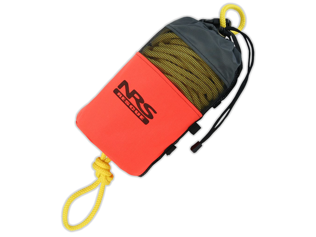 NRS 75' rescue bag, red pouch with gray top and yellow rope handle