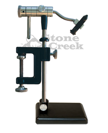 Rotary vise with black base, rotating clamp jaw, vertical post and handle
