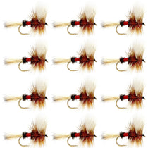 Set of 12 trout dry flies, size 12, brown-red feathered hook flies