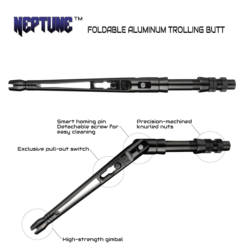 Foldable aluminum trolling butt, black with pull-out switch and gimbal head