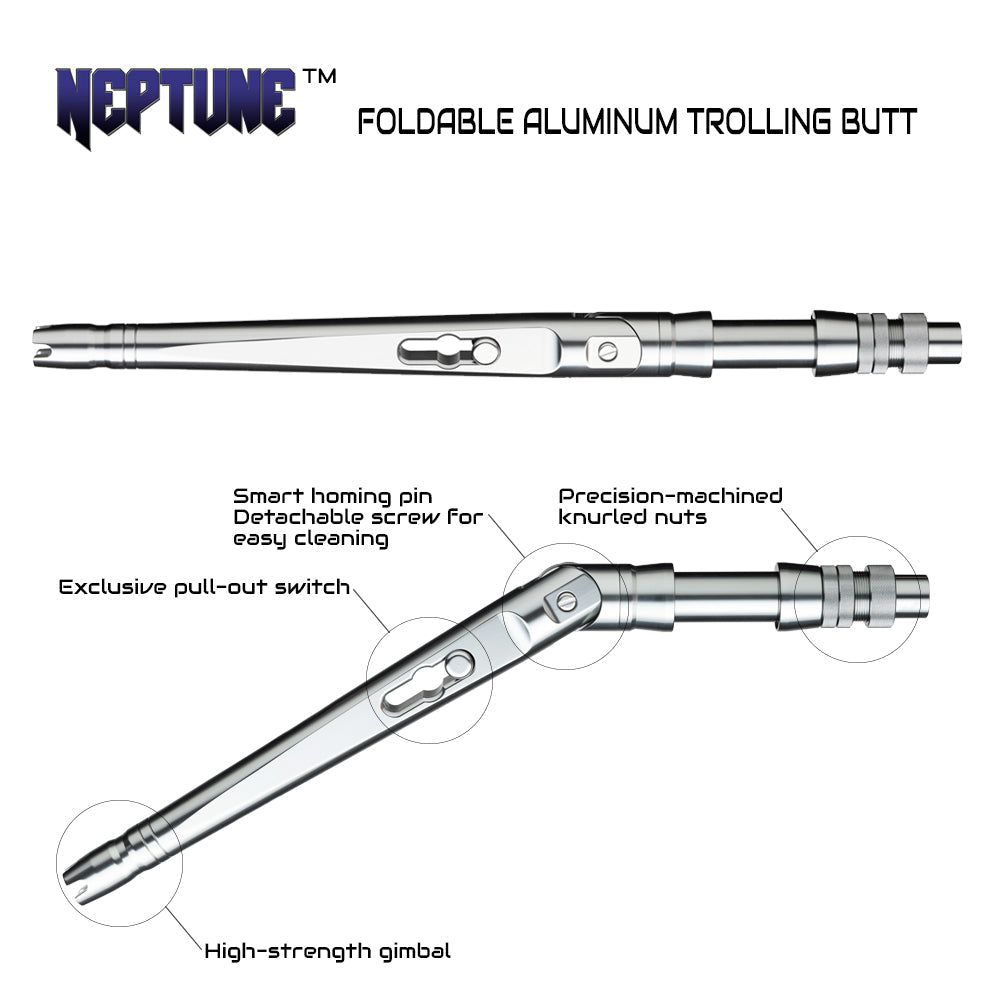 Foldable aluminum trolling butt, silver with pull-out switch and gimbal head