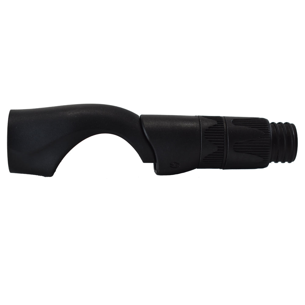 Black spinning reel seat with textured hood grip and threaded end