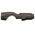 Dark black spinning reel seat with curved grip and ribbed hood nut