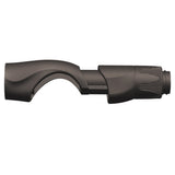 Dark black spinning reel seat with curved grip and ribbed hood nut