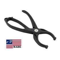 Black plier-style fish gripper with loop handles and metal pivot rivet