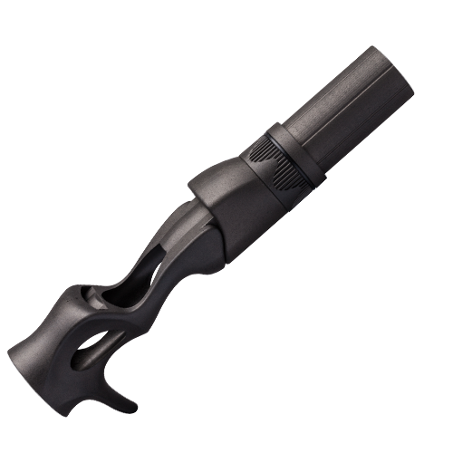 Black casting reel seat with textured hood and locking nut area