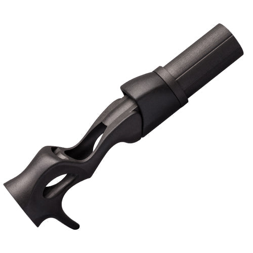 Black casting reel seat with textured grip and threaded hood