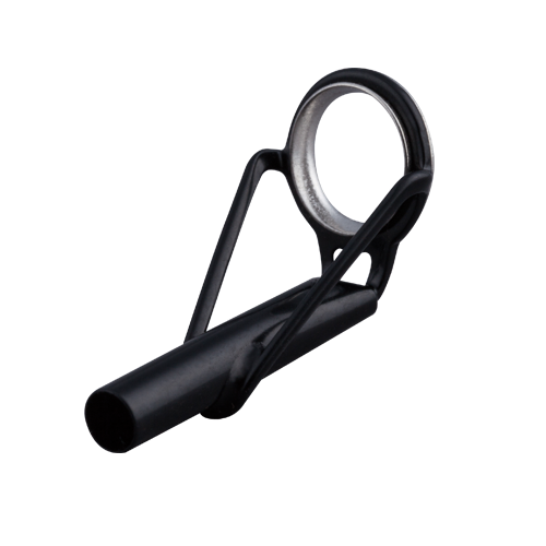 Fishing rod tip top with black frame and stainless steel ring