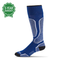 Blue over-the-calf wool snowboard socks with light gray panels and 5-year warranty badge