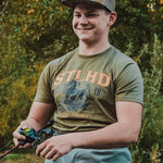 Olive STLHD grizzly bear graphic t-shirt on person outdoors