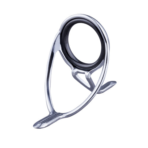 Polished silver double-foot fishing rod guide with circular frame and two legs