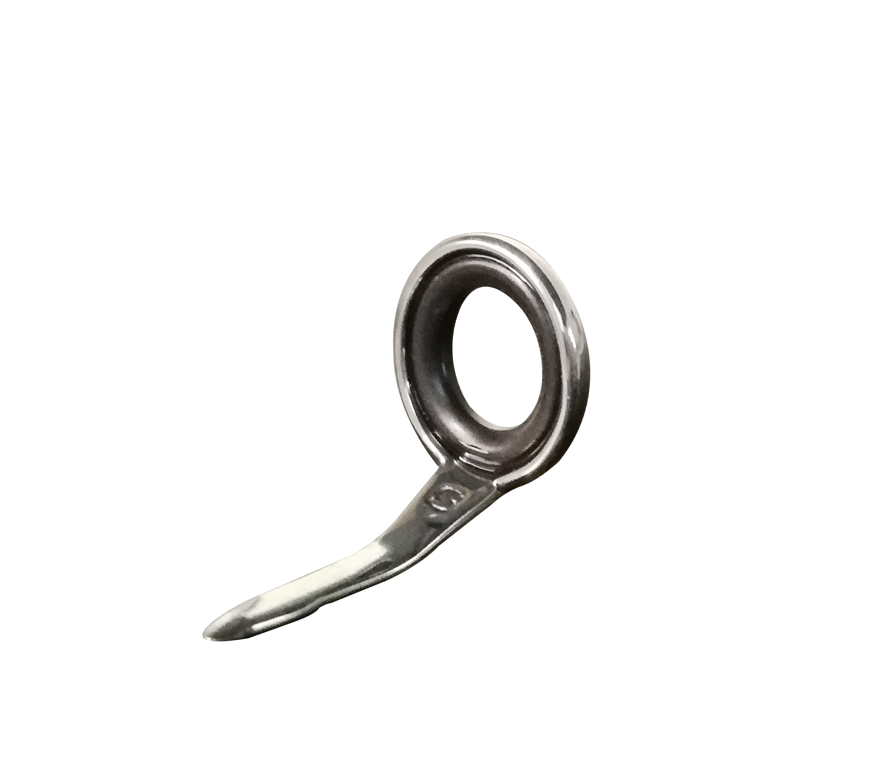SEAGUIDE single-foot fishing rod guide with silver frame and dark insert, angled closeup