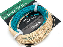 Saltwater fly line coil in ocean blue and sand, with white backing loops