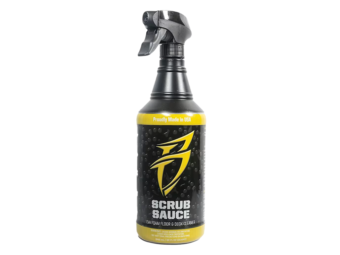 Scrub Sauce dark spray bottle with yellow label and trigger nozzle