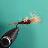 Shaving brush with tan bristles and a dark brown handle