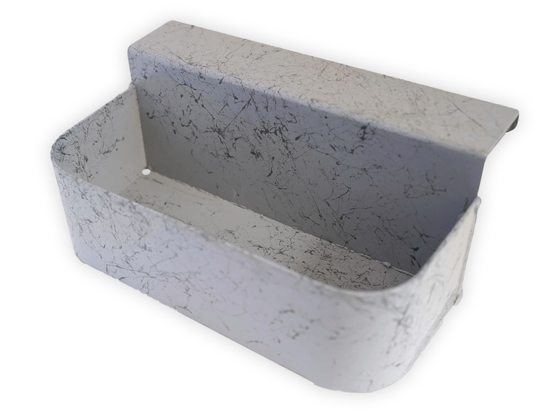 Grey side-mount storage tray with open top, marble-like finish
