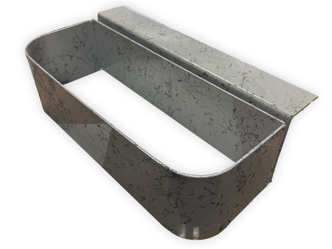 Side-mount trash can in grey with open rectangular top and metal rim