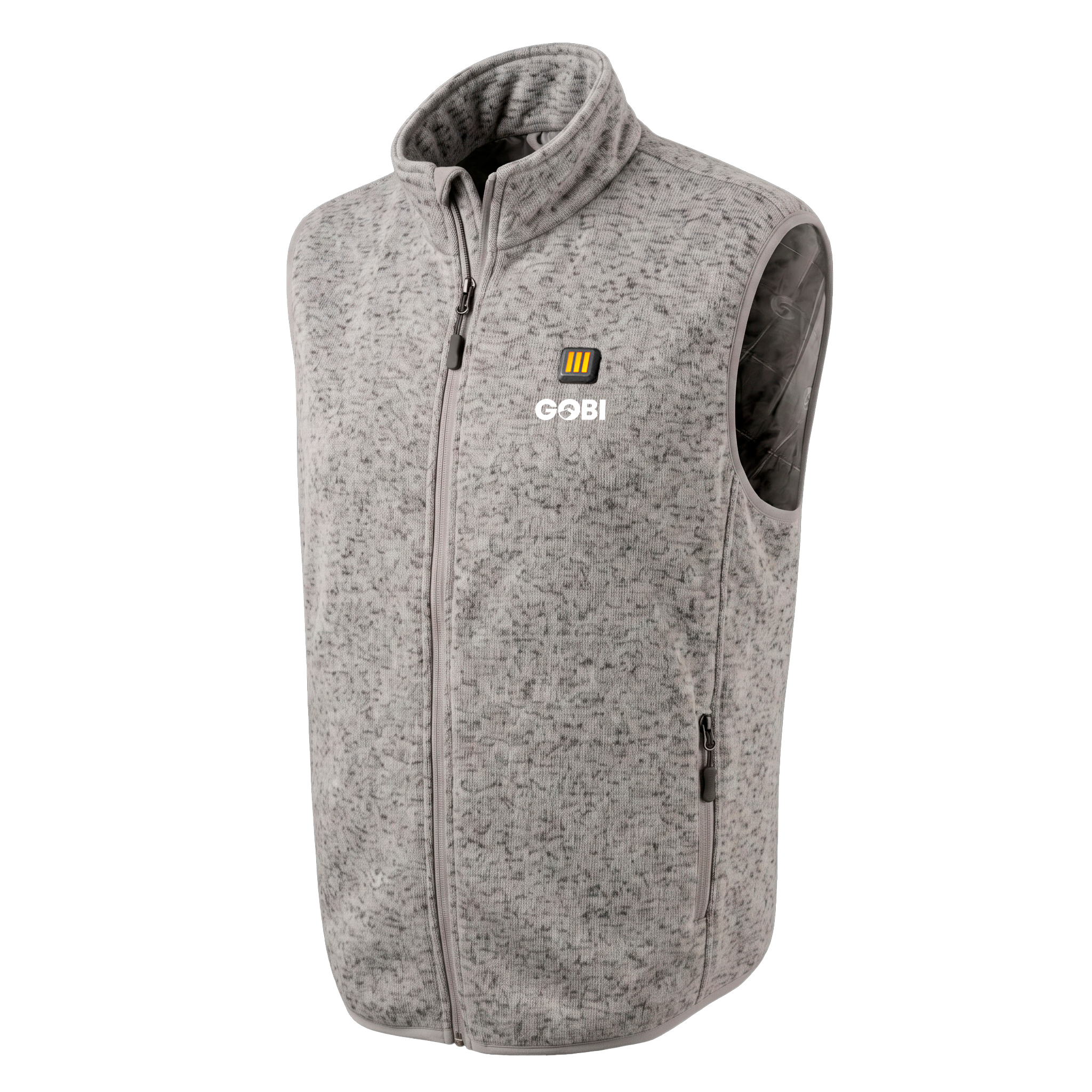 Men's light gray heated knit vest, stand collar, full-zip front, GoBI emblem at center.