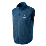 Men's blue heather heated knit vest, stand collar, GoBI logo, two zip pockets on sides.
