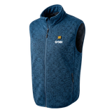 Men's blue heather heated knit vest, stand collar, GoBI logo, two zip pockets on sides.
