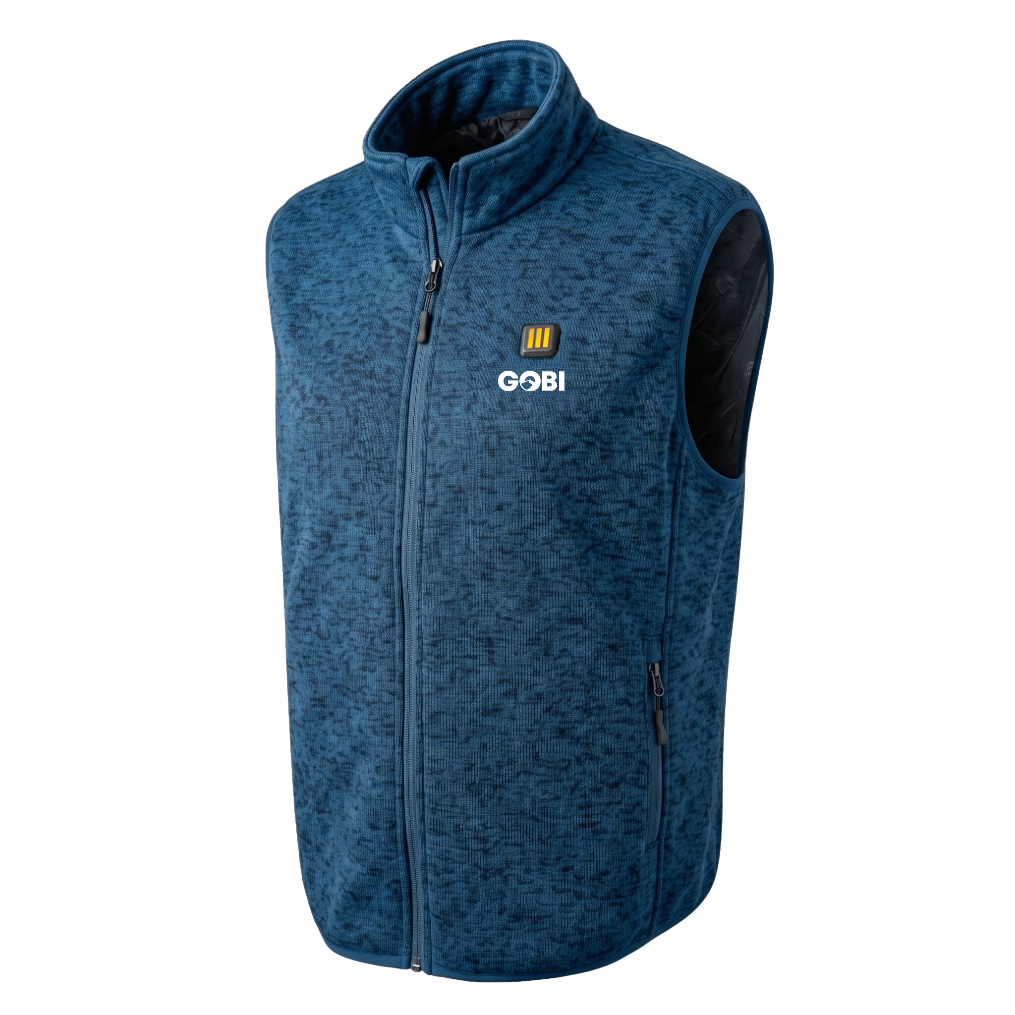Men's blue heather heated knit vest, stand collar, GoBI logo, two zip pockets on sides.