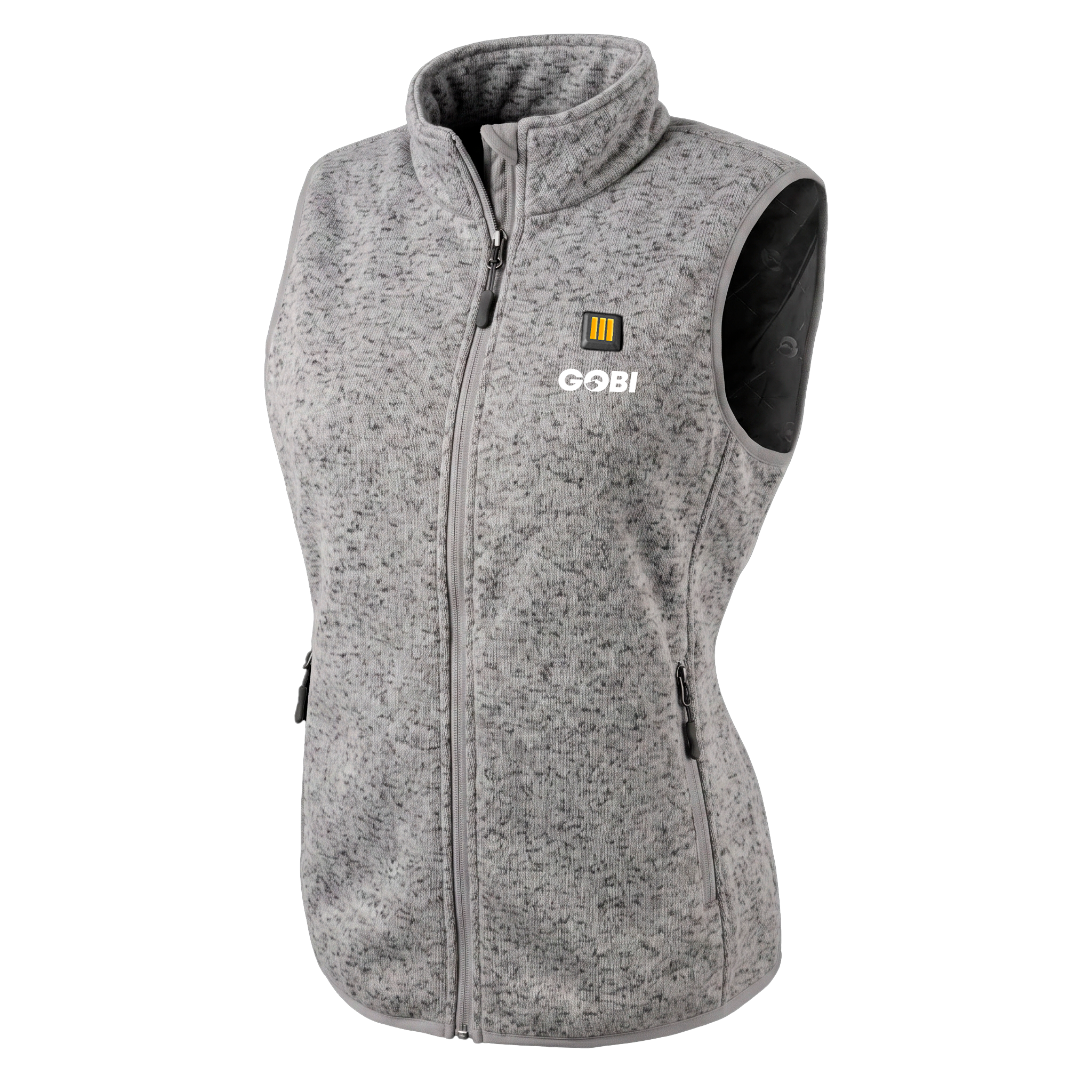 Women’s heated knit vest, heather gray knit, sleeveless full-zip with stand collar and GOBI logo.