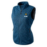 Women’s heated knit vest, blue heather, full-zip sleeveless with stand collar and GOBI logo.