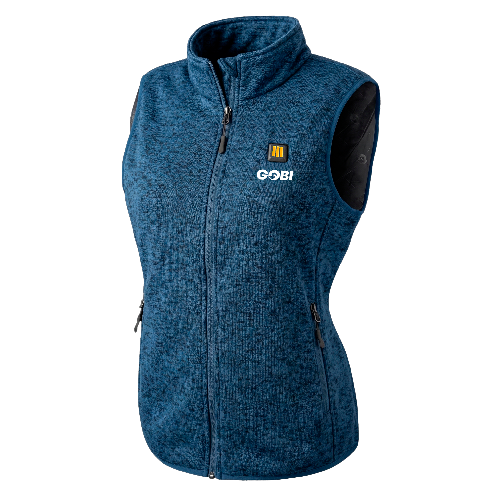 Women’s heated knit vest, blue heather, stand collar, sleeveless full-zip, GOBI branding.