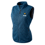 Women’s heated knit vest, blue heather, sleeveless full-zip front, stand collar, GOBI logo.