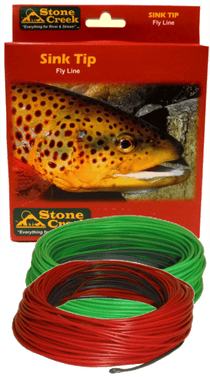 Sink tip fly line spool with green and red/orange line, packaged in retail box