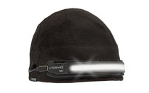 Dark fleece LED beanie with silver light bar across front, pull-on knit