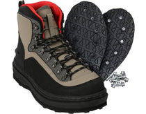 Brown wading boot with black lug outsole, red collar, lace-up upper
