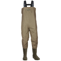 Khaki PVC chest waders with bootfoot cleats and adjustable shoulder straps