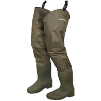 Khaki PVC hip boots with cleated tread and pull-on straps