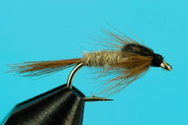 Soft hackle Hare's Ear fly on hook, tan dubbing with olive hackle fibers