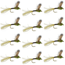 Green mayfly-style fishing flies with black hook, pack of 12