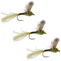 Three olive-green mayfly fly fishing lures with tan wing fibers and barbed hook
