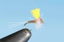 Hi-vis mayfly dry fly with yellow hackle and rusty biot on curved hook