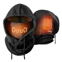Black heated balaclava with hood and chin cover, glowing heat panels