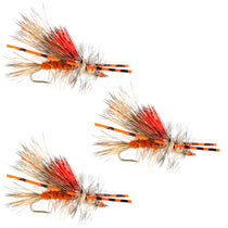 Orange and red dry fly assortment with sparkle body and rubber legs, 3-pack