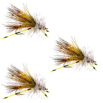 Yellow rubber-leg dry fly (crystal stimulator), hook size 8, 3-pack