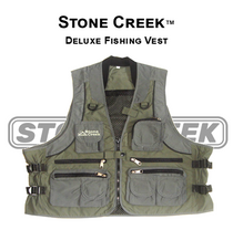 Stone Creek olive green fishing vest with mesh back and zip-front utility pockets