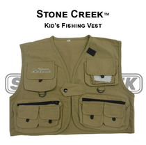 Kids fishing vest in olive with multiple front pockets and snap button closure