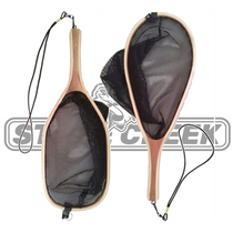 Teardrop wooden landing net set with dark mesh, wooden handles, and hanging loops