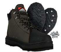 Brown felt wading boots with lace-up front and studded rubber sole