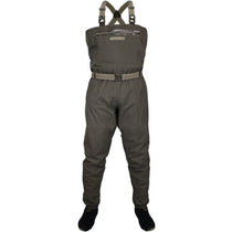 Breathable fishing chest waders in dark gray/olive with chest straps and booties