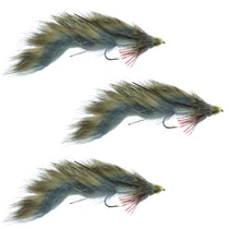 3 pack conehead streamer fishing flies with olive-blue feather bodies and red tinsel tails