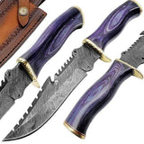 Survival Bowie Knife with Leather Sheath for Sale – Custom Handmade Damascus Steel Blade, Exotic Wood Handle with Brass Guard | 13-Inch Hunting Knife – KBS Knives