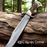 Professional Survival Bowie Knife - 11" D2 Steel with Antler Horn Handle & Copper Guard